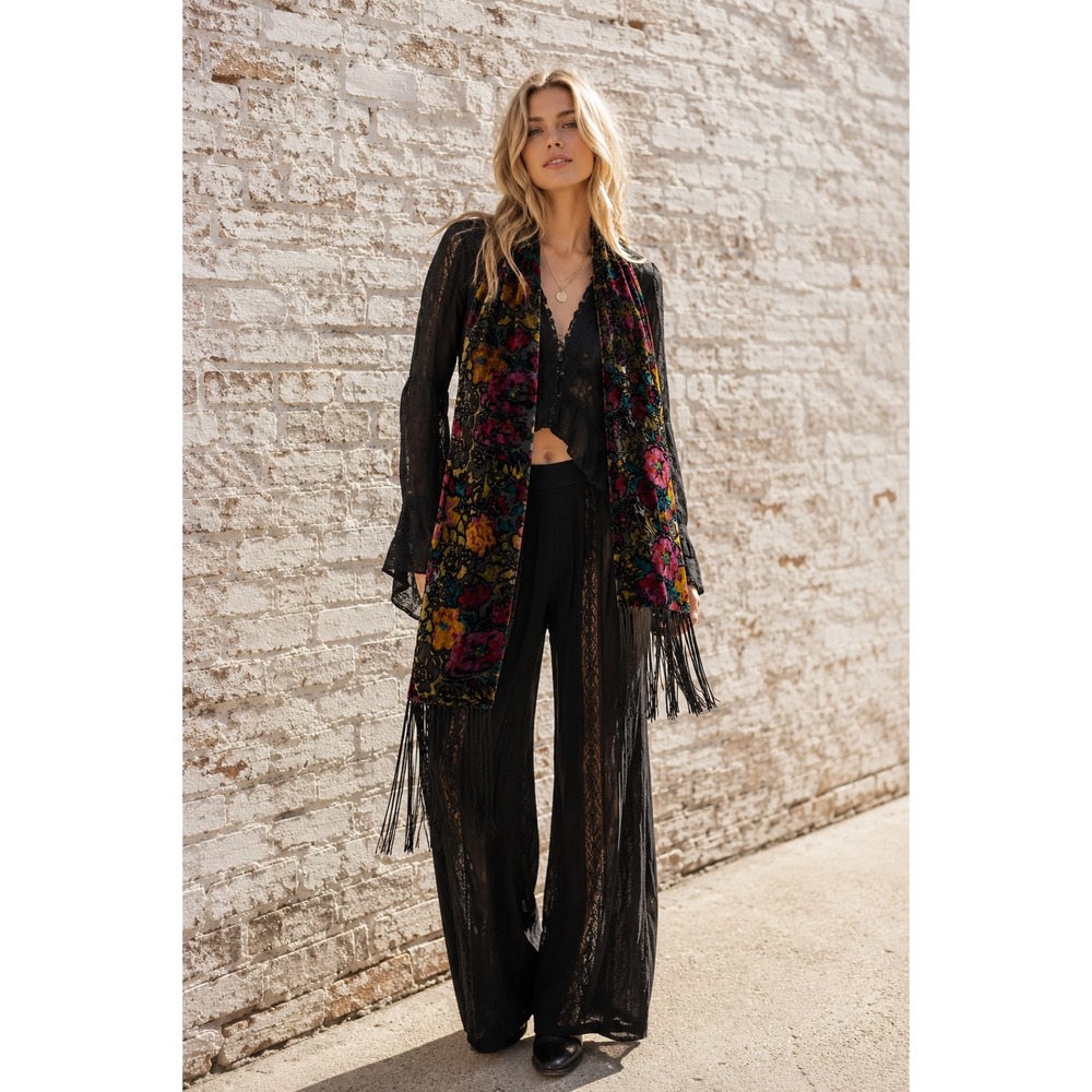 Vintage Burnout Velvet Floral Fringe Scarf Devoré Silk Blend Oblong Wrap Jewel - Picture 2 of 10